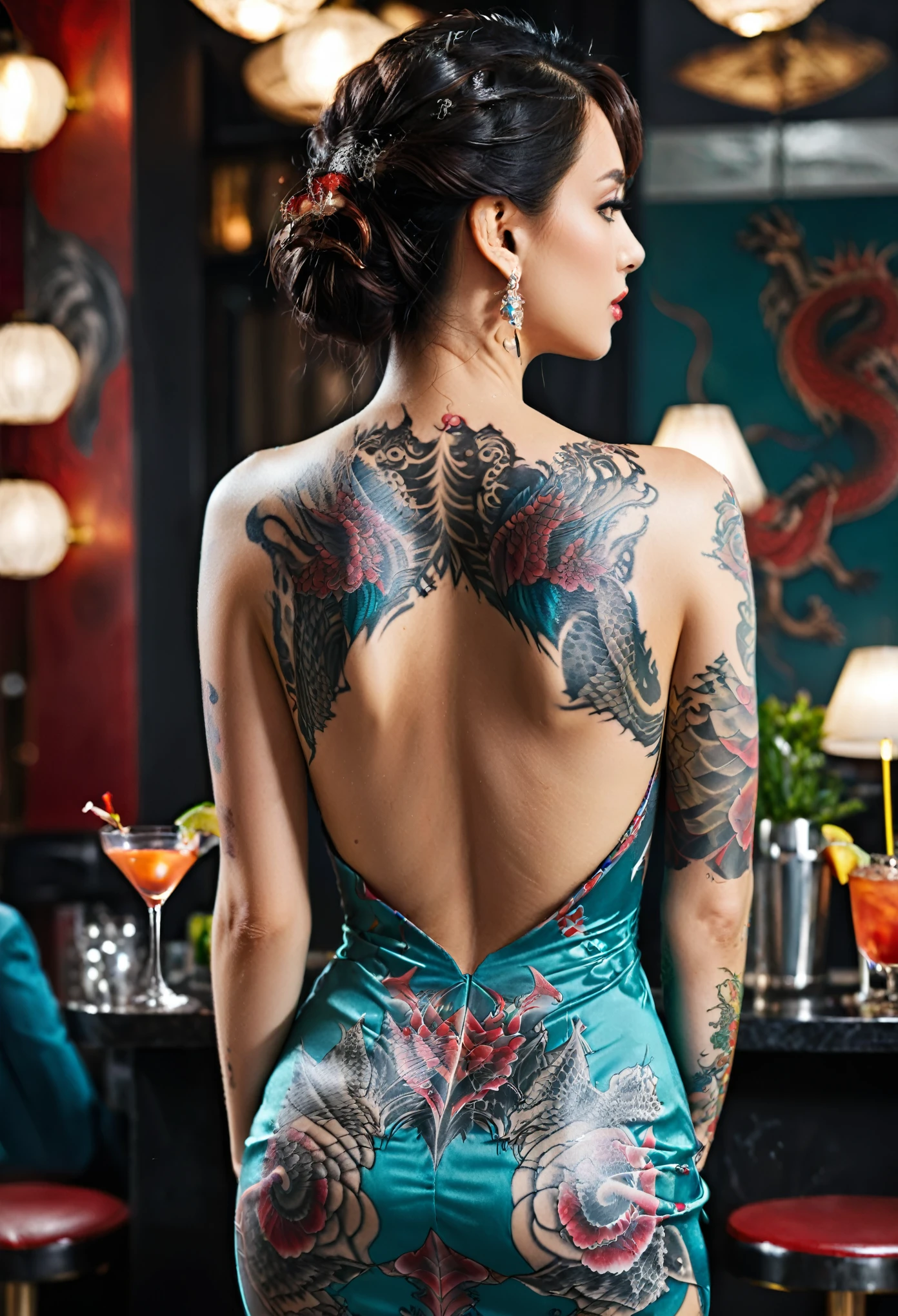 beautiful  woman, perfect body shape, back view, upper body shot, ((big dragon tattoo on back)), ((wearing cocktail dress)), ultra-detailed,(realistic,photorealistic,photo-realistic:1.37),detailed skin(best quality,4k,8k,highres,masterpiece:1.2), 