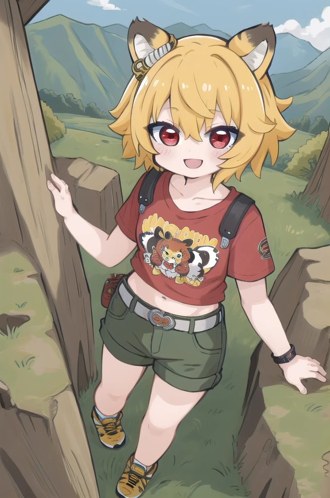 masterpiece, best quality, highly detailed, Chibi Character, cute,Animal Ear Girl,Yellow hair,Red eyes,1girl, solo, Tiger Girl,Shorts,shirt,grassland,smile