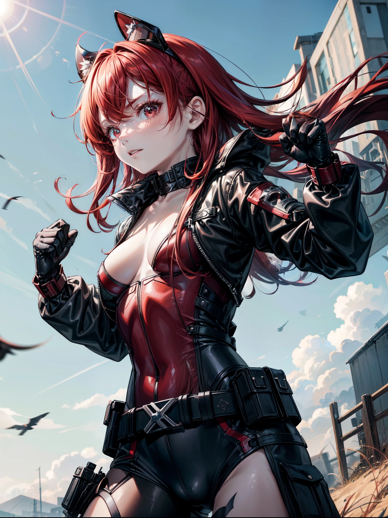 A young red-haired female character，Wearing a black tight combat suit，The belt is full of small tools，She strikes a vigorous fighting stance，Always ready for any challenge，She stands in front of a suburban background，This is a typical quiet neighborhood.，Her eyes were filled with determination.，Reflecting her fearless nature