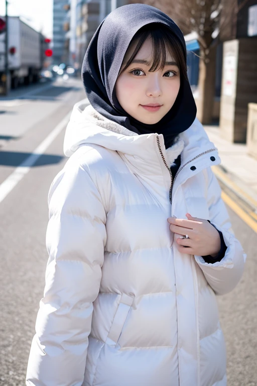 japanese woman 22 years old, oval and clean face, pasmina hijab, thin body, japanese-style skin, white thick winter jacket