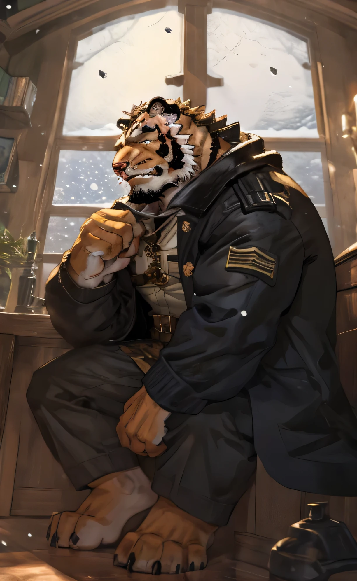 Male tiger orc，Black army coat，Black military cap，barefoot，Sitting in front of the window，Snowing day，whole body，high quality