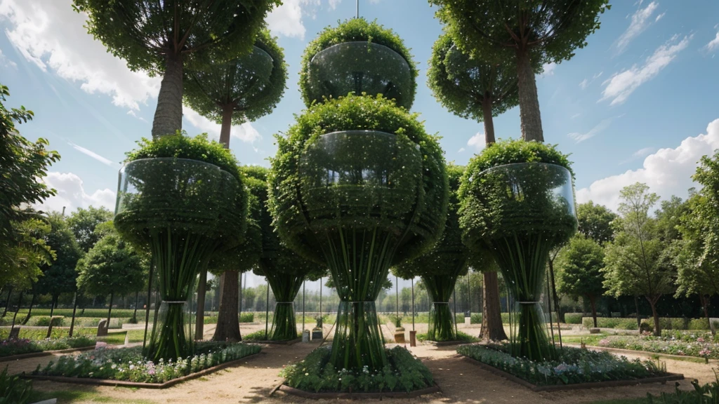vegetable gardens and beds in glass capsules, mobile, neo-futuristic style, trees and flowers grow in huge capsules, vertical landings possible, time distant future in high neo technologies