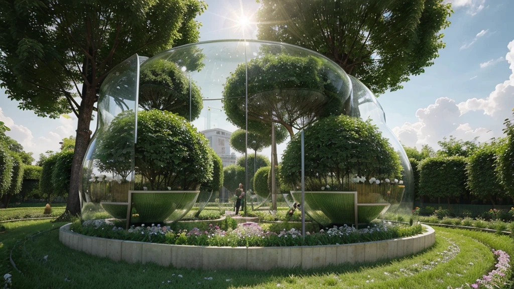 vegetable gardens and beds in glass capsules, mobile, neo-futuristic style, trees and flowers grow in huge capsules, vertical landings possible, time distant future in high neo technologies
