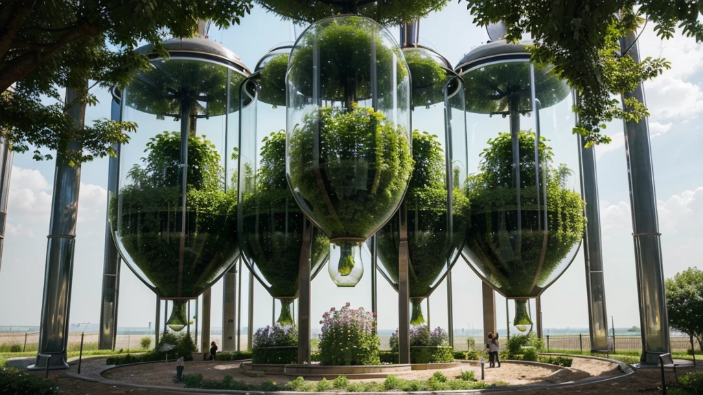 vegetable gardens and beds in glass capsules, mobile, neo-futuristic style, trees and flowers grow in huge capsules, vertical landings possible, time distant future in high neo technologies