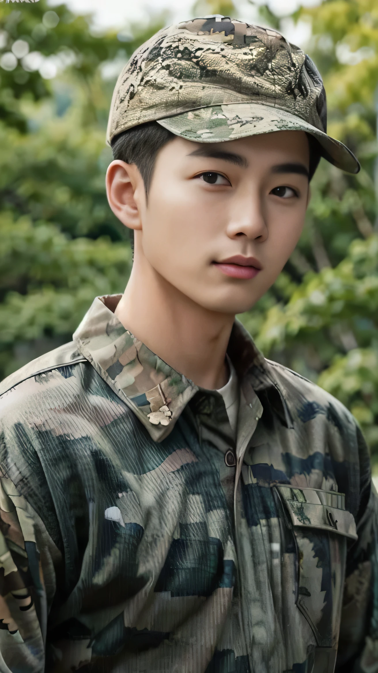 8k, (masterpiece), best quality, 2d, Brother Bing,Wear training uniform，Wearing a hat，Wearing a full set of military green camouflage uniforms, No background, Upper body unobstructed photos，Green Clothing，Southeast Asian Soldiers，Face to the camera，