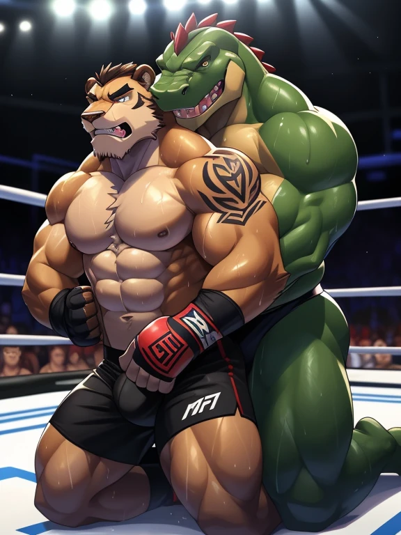 Two male fighters(Brown Lion vs Green Gator, handsomes, perfect eyes, Thick eyebrows), gay(kneeling, holding from behind, on a MMA match), hot(Both are Shirtless, full body, bulges), handsomes(They are handsomes, correct anatomy), musculosos(Big muscle bodies, Six packs, muscle abs, big pecs, muscle backs), sweaty(very sweaty wet bodies, shiny sweat), tatuajes(they have tattoos), Angry(They have an angry expression),MMA gloves(They both are wearing red MMA gloves), MMA boxers(both are wearing Black boxers), Hight resolution