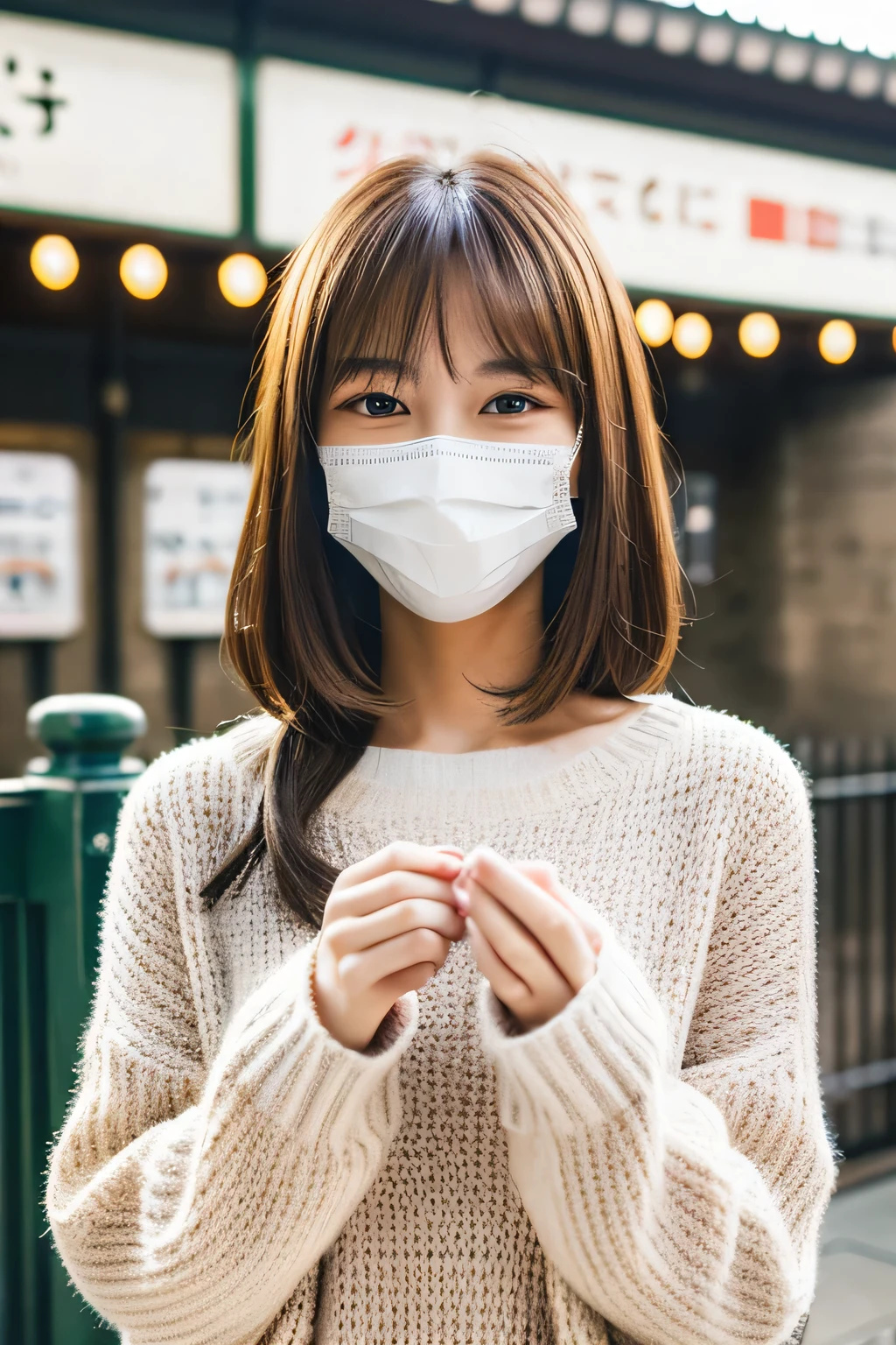 masterpiece , highest quality , Very detailed , 8k , photograph ,Cute Woman , Wearing a white mask,18-year-old, 1 girl , sweater , bangs , smile ,  , Symmetrical eyes , Brown Hair , Bobcut , In front of Shinagawa Station , Ticket gate ,