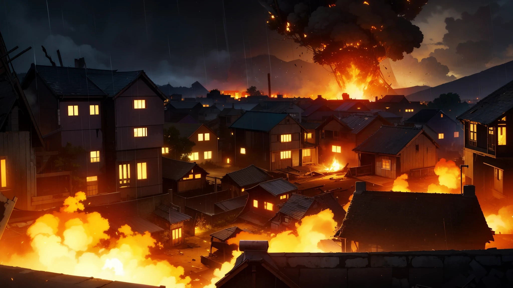 night,destroyed village,burnning,fire,raining.ruined houses,explosion,destruction