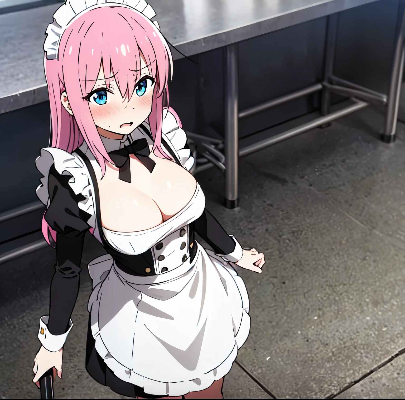 1 girl, alone, Hitori gotou, long hair, pink hair, nervous, embarrassed, sexy body, looking at viewer, head on, focus on breasts, point of view (from above), blushing, blue eyes, big breasts, waist stocking, wide hips, medium thighs, stage, microphone, show, long sleeves, hair between eyes, standing, mouth closed, pink hair, Katyusha white, black maid outfit with white details, cleavage, black stockings, perfect anatomy, perfect hands