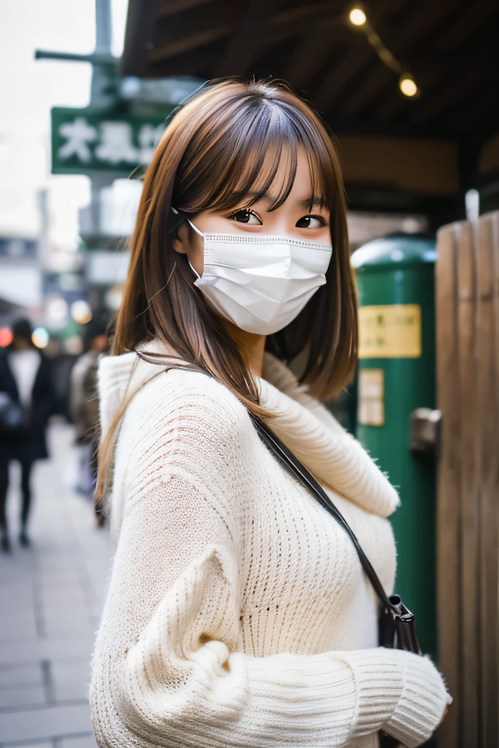 masterpiece , highest quality , Very detailed , 8k , photograph ,Cute Woman , Wearing a white mask,18-year-old, 1 girl , sweater , bangs , smile ,  , Symmetrical eyes , Brown Hair , Bobcut , In front of Shinagawa Station , Ticket gate ,