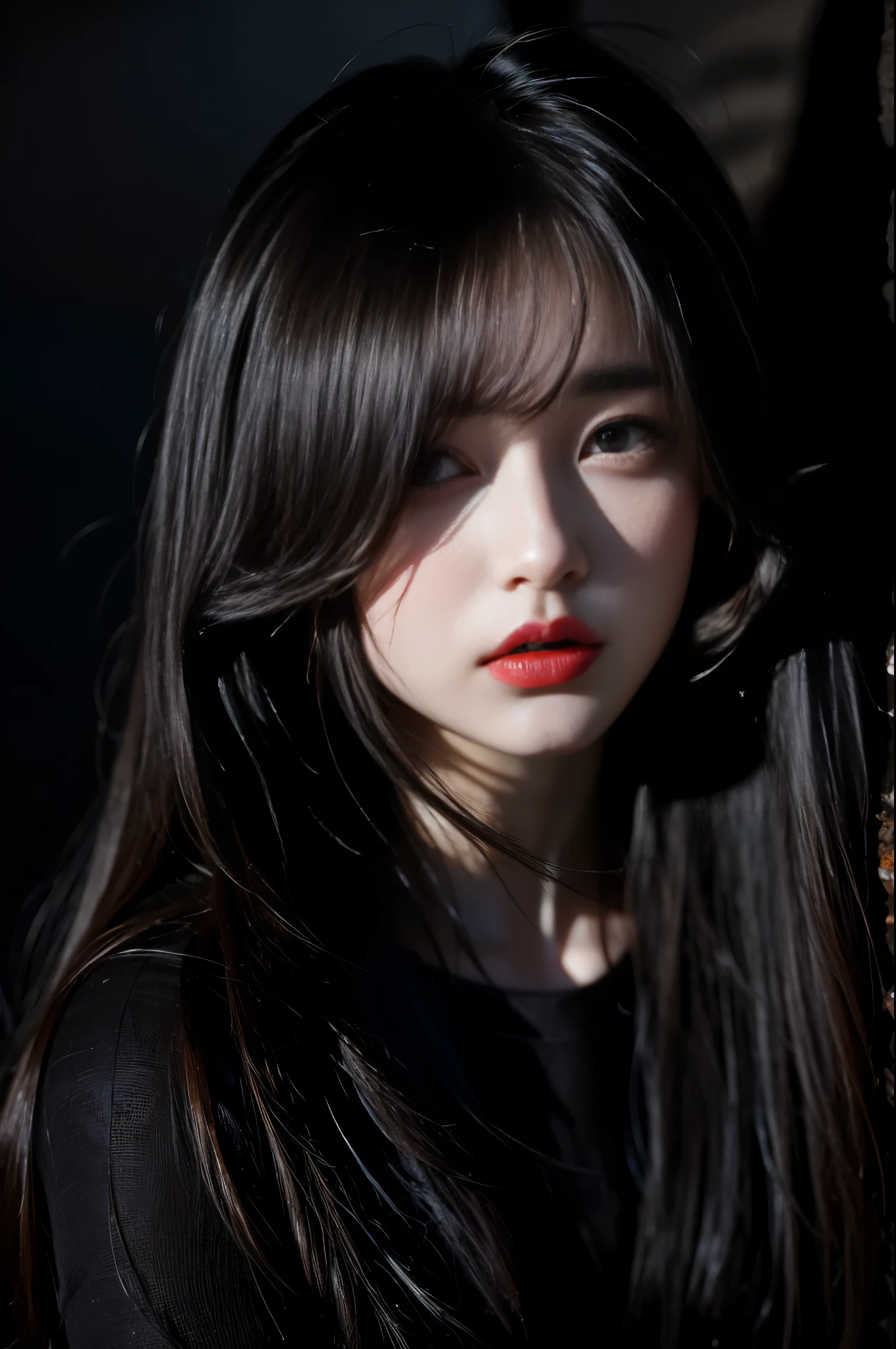 (High resolution,Practical) Long hair girl,skirt, Beautiful demon woman from hell, (in the darkness: 1.6), Very rich facial details，Red-black lips,，rugged, Moderate: Detailed facial features, Determine the expression, Dark background