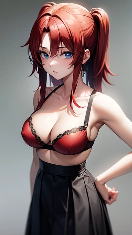 An anime girl with red hair and blue eyes wearing a skirt and an open shirt revealing a black and red bra