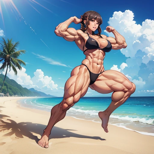 Maki im Bikini, muscular body, female bodybuilder, fight on beach, dominate pose, muscle flexing, barefoot, toes