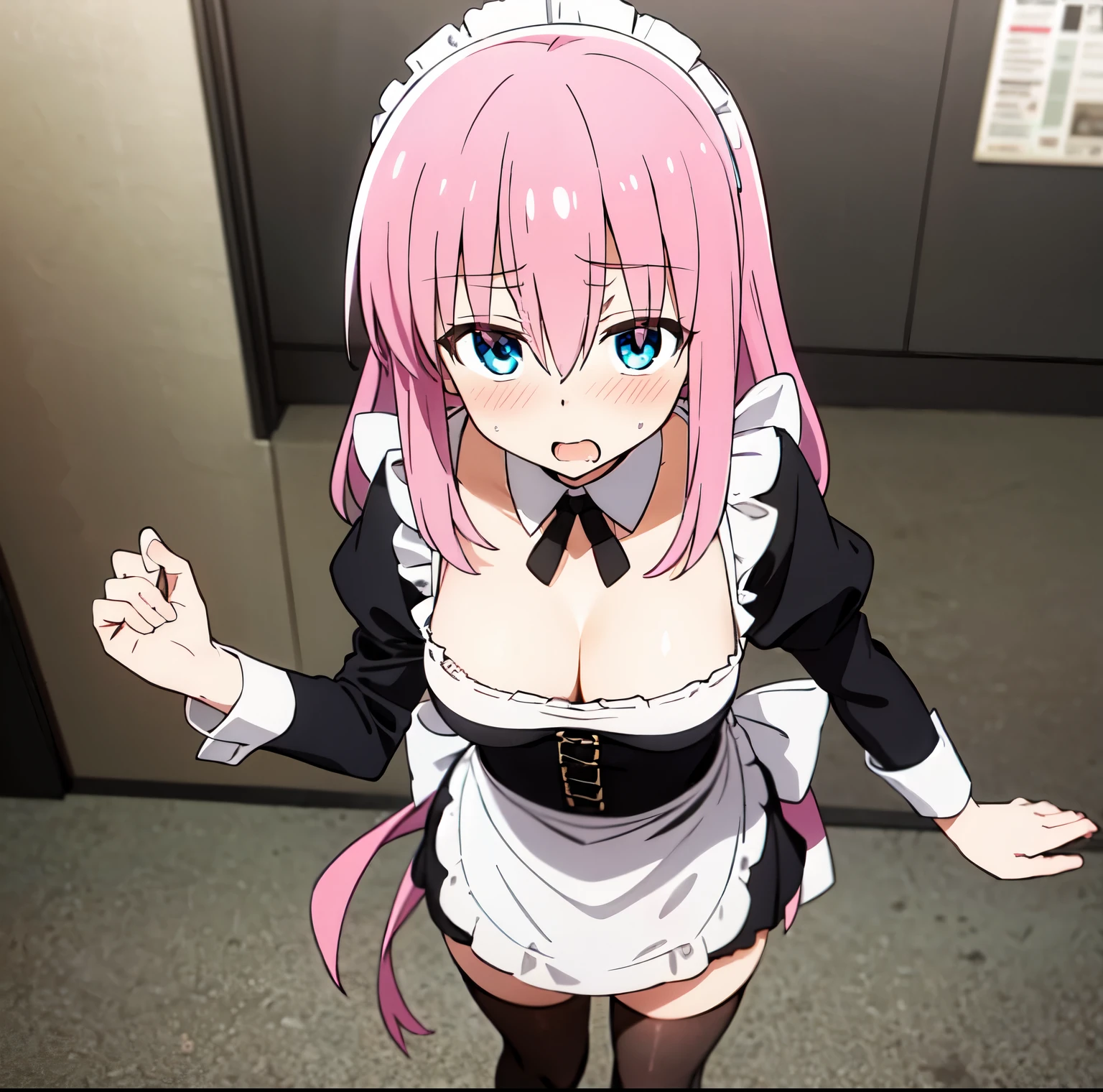 1 girl, alone, Hitori gotou, long hair, pink hair, nervous, embarrassed, sexy body, looking at viewer, head on, focus on breasts, point of view (from above), blushing, blue eyes, big breasts, waist stocking, wide hips, medium thighs, stage, microphone, show, long sleeves, hair between eyes, standing, mouth closed, pink hair, Katyusha white, black maid outfit with white details, cleavage, black stockings, perfect anatomy, perfect hands
