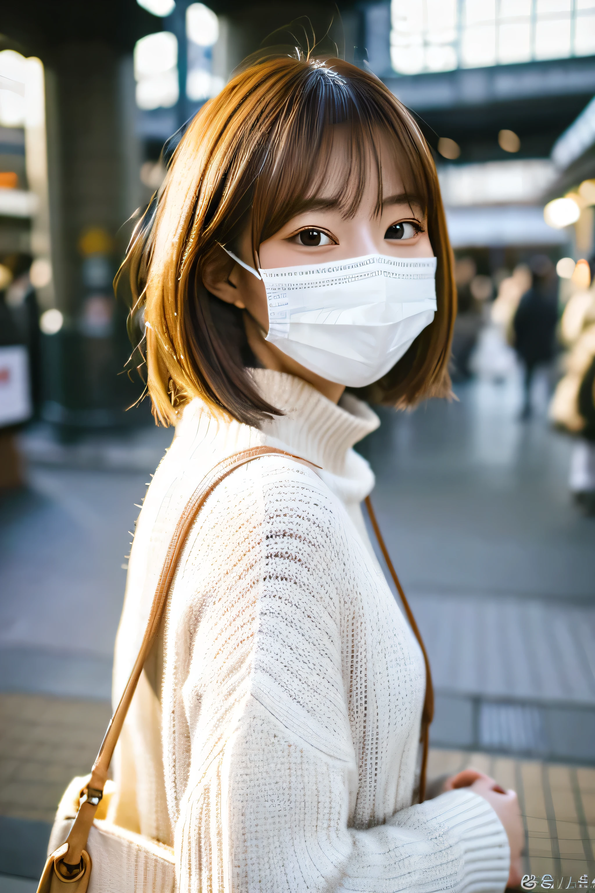 masterpiece , highest quality , Very detailed , 8k , photograph ,Cute Woman , Wearing a white mask,18-year-old, 1 girl , sweater , bangs , smile , , Symmetrical eyes , Brown Hair , Bobcut , In front of Shinagawa Station , Ticket gate ,