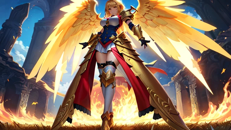 best quality)), ((masterpiece)), (detailed), Perfect body,Full body shot,Close-up of a woman wearing a golden costume with wings, Angel Gold Armor, majestic angel, angel knight girl, Final Fantasy Tactics Characters, mystical atlantean valkyrie, as a Mysterious Valkyrie, Blazing Angel, Maple Leaf Story Character Art, With blazing golden wings, Golden Wings, April renderings, Mysterious Valkyrie, Close-up of a woman wearing a golden costume with wings, Concept art inspired by PwC, pixiv, Baroque, Angel Gold Armor, majestic angel, angel knight girl, Final Fantasy Tactics Characters, mystical atlantean valkyrie, as a Mysterious Valkyrie, Blazing Angel, Maple Leaf Story Character Art, With blazing golden wings, Golden Wings, Battle with orcs,Photographic lenses,Ultra wide-angle lens,First person,