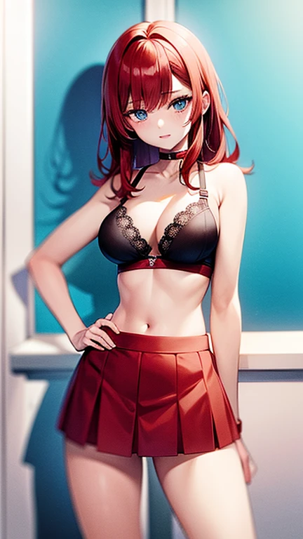 An anime girl with red hair and blue eyes wearing a skirt and an open shirt revealing a black and red bra