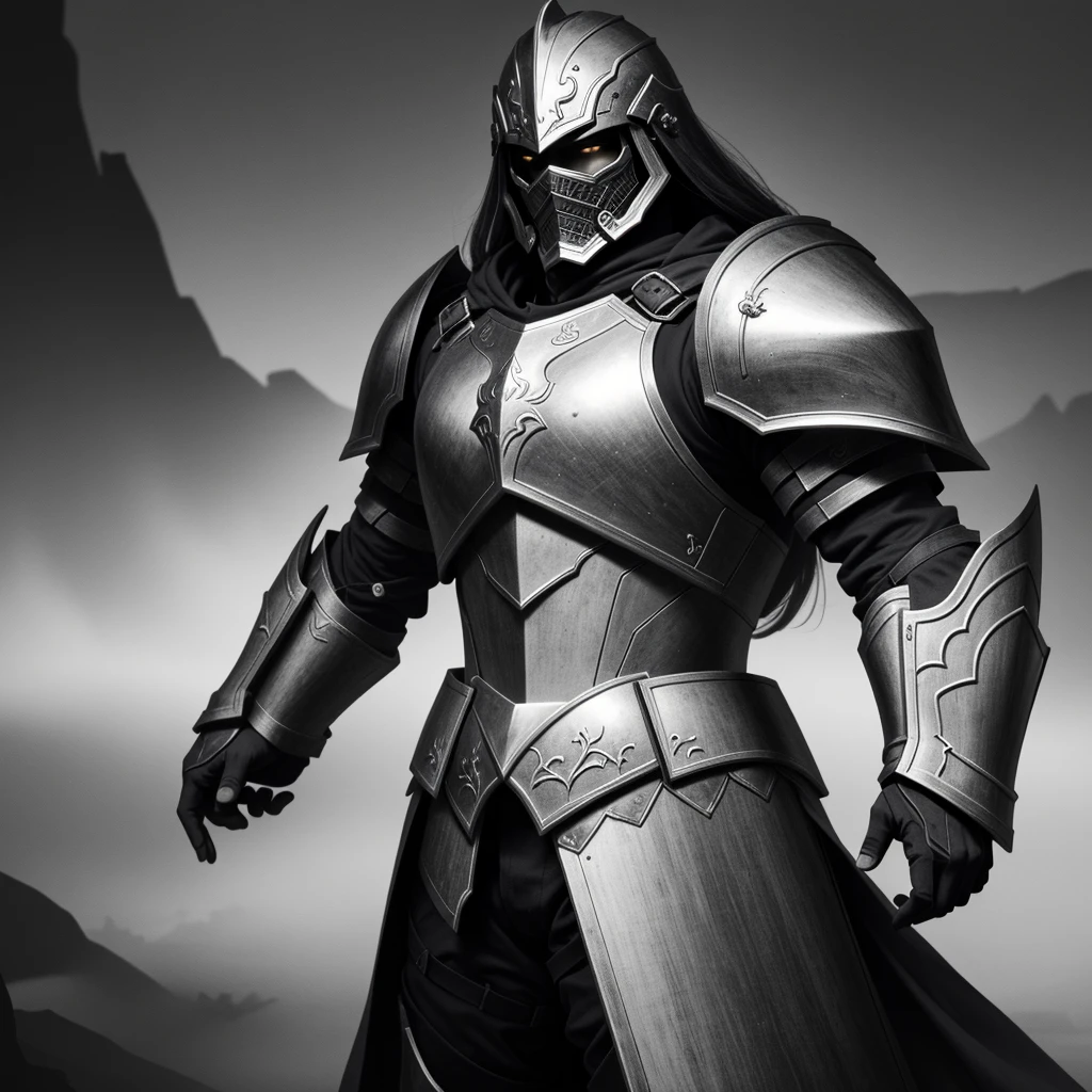 powerful big armor
masterpiece, highly detailed 8k photorealistic raw photography, best quality, low lighting and shadows a man with spectral armor of black and white tones, surrounded by a mysterious and enigmatic aura, spectral background, white eyes, white fire comes out of his armor, black and white fire comes out around the armor, the armor is black and white , the background is an abyss with color, the armor is wearing a long tunic, the armor is large and burly