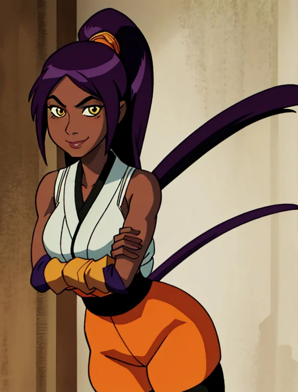 1girl, solo, pov, shihouin yoruichi, dark skinned female, dark skin, ponytail long hair, parted bangs, purple hair, yellow eyes, orange shirt, black leggings, waist accessory, scarf, gloves, ((leg warmers)), white shoulder straps, (masterpiece, best quality:1.4), (modern days), (cowboy shot), tunning girlfriend, (standing:1.1), elegant face, beautiful face, highly detailed face, highly detailed skin, huge breast, smug smile, looking at viewer,16k hdr, curvy, crossed arms, wide hips, leaning against wall, 25 year old woman
