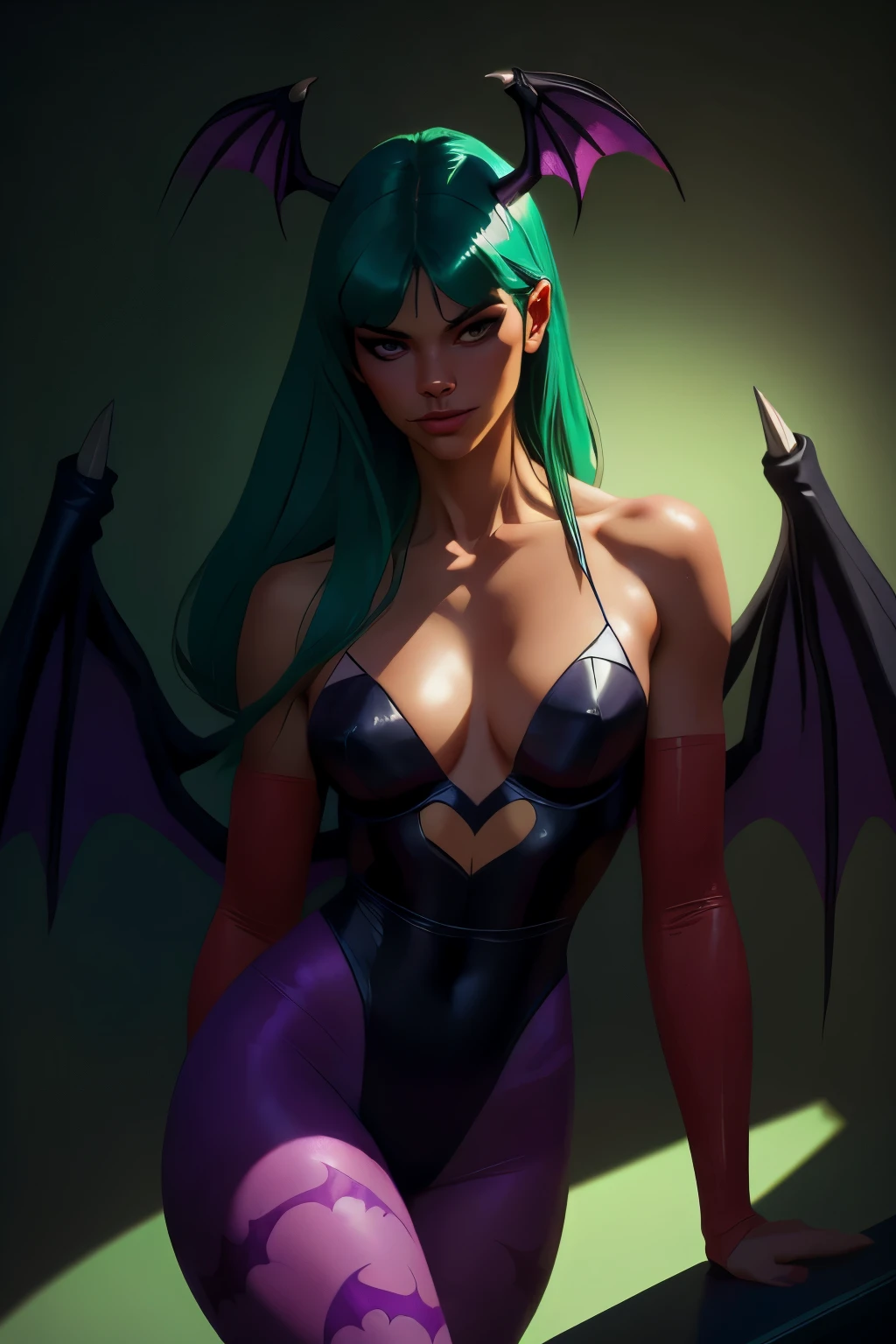 Realistic oil paint portrait of Morrigan Aensland, moonlight, hot Body, ((Dynamic pose)) , soft smile, long green hair black costume , (((Bat wings))) , Hot body, athletic, (purple legs) , detailed skin Textures, intricate, detailed face, hyperrealistic, realistic light and shadows , ((cinematic lighting)) . (((Poetic lighting background))) .