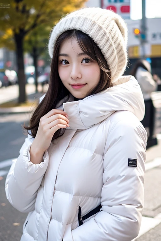 japanese woman 22 years old, oval and clean face, pasmina hijab, thin body, japanese-style skin, white thick winter jacket