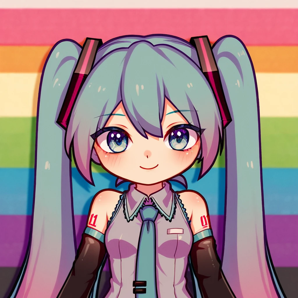  Hatsune Miku, rainbow background, half body, chibi, flat colors 