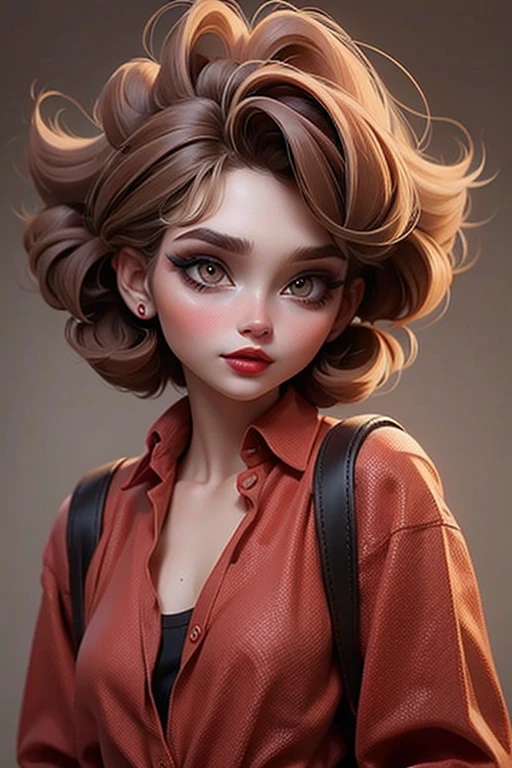 caucasian woman in her 40, short brown and messy hair, nice makeup with red lips