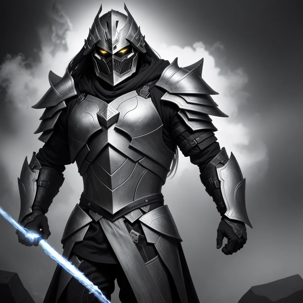 powerful big armor
masterpiece, highly detailed 8k photorealistic raw photography, best quality, low lighting and shadows a man with spectral armor of black and white tones, surrounded by a mysterious and enigmatic aura, spectral background, white eyes, white fire comes out of his armor, black and white fire comes out around the armor, the armor is black and white , the background is an abyss with color, the armor is wearing a long tunic, the armor is large and burly