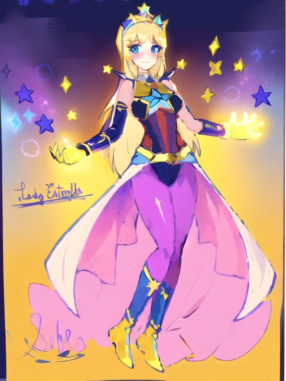 Drawing of a woman wearing a cape and a star, inspired by Li Chevalier, Inspired by the star guardian, Cell shaded!, Cell shaded!, Beautiful, highly detailed exquisite fanart, Beautiful celestial mage, sky witch, Like a retro futuristic heroine, Portrait of an anime heroine, Ethereal astral, 1 girl, Full body, 19 years old, White skin, Smiling face, Blue eyes, Star shaped tiara, Arms outstretched, Arms behind waist, Masked face, Eye mask, Superhero mask, Yellow mask, Blushing, Blonde hair, Straight hair, Long hair, Bangs, 2 star clips on the sides of hair, Full body, Medium breasts, Slim body, Hands with stars on them, Wrist bands, Long yellow gloves, Purple gloves, Superhero costume, Superheroes, Full body entirely yellow suit, With a big yellow star in the center, Star emblem, Somewhat tight, Long yellow cape on waist, Red belt, Thighs with tights purple, flying, city background, anime, note that says LadyEstrella