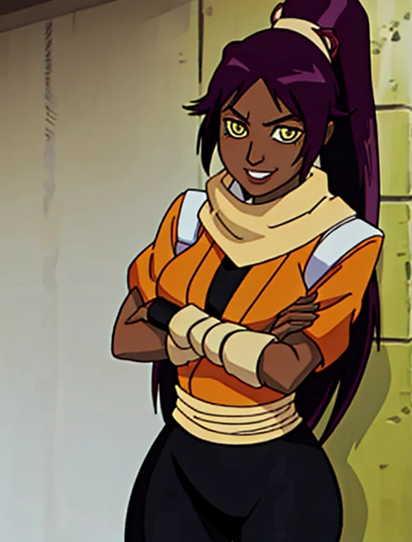 1girl, solo, pov, shihouin yoruichi, dark skinned female, dark skin, ponytail long hair, parted bangs, purple hair, yellow eyes, orange shirt, black leggings, waist accessory, scarf, gloves, ((leg warmers)), white shoulder straps, (masterpiece, best quality:1.4), (modern days), (cowboy shot), tunning girlfriend, (standing:1.1), elegant face, beautiful face, highly detailed face, highly detailed skin, huge breast, smug smile, looking at viewer,16k hdr, curvy, crossed arms, ben10af,wide hips, leaning against wall, 25 year old woman
