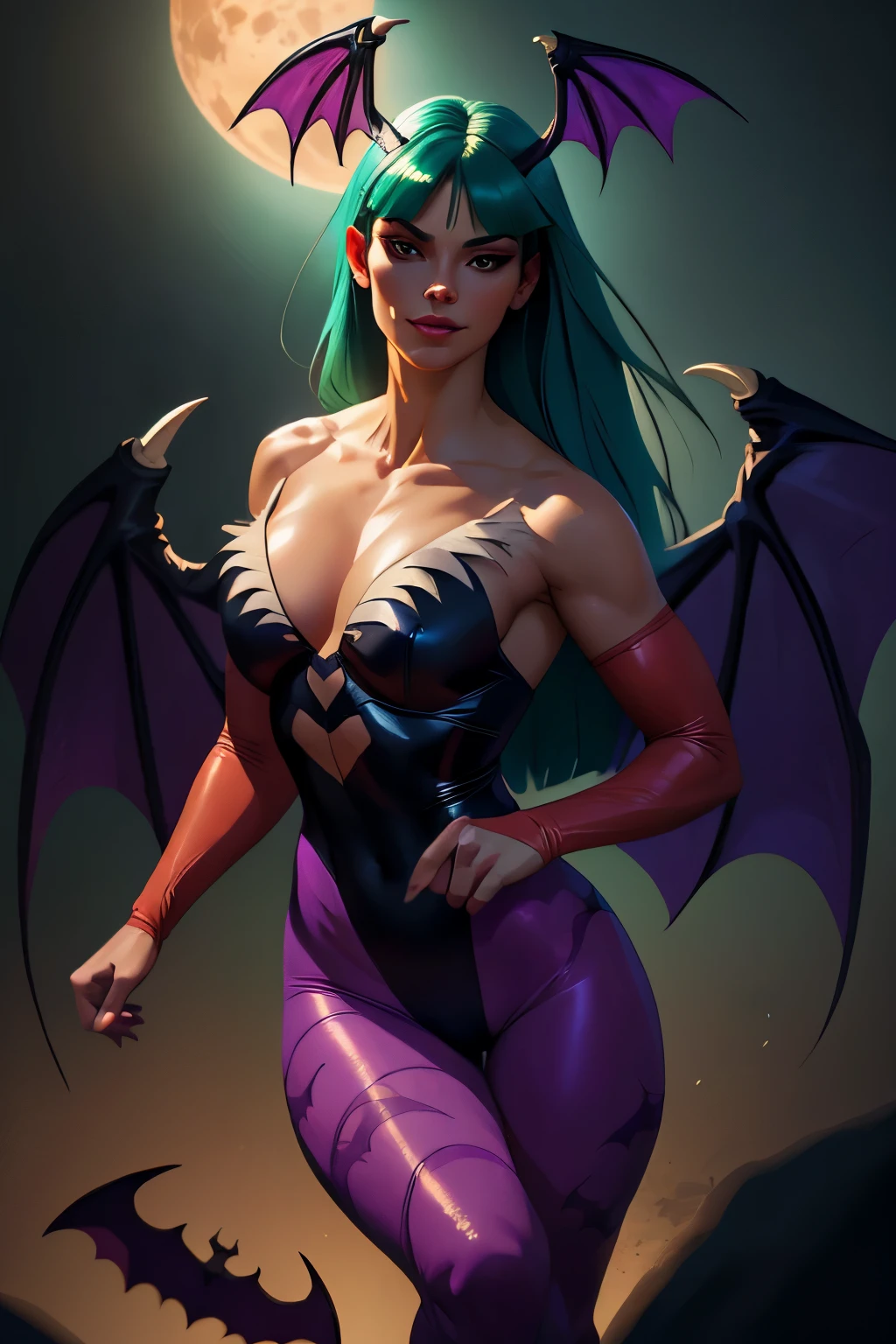 Realistic oil paint portrait of Morrigan Aensland, moonlight, hot Body, ((Dynamic pose)) , soft smile, long green hair black costume , (((Bat wings))) , Hot body, athletic, (purple legs) , detailed skin Textures, intricate, detailed face, hyperrealistic, realistic light and shadows , ((cinematic lighting)) . (((Poetic lighting background))) .