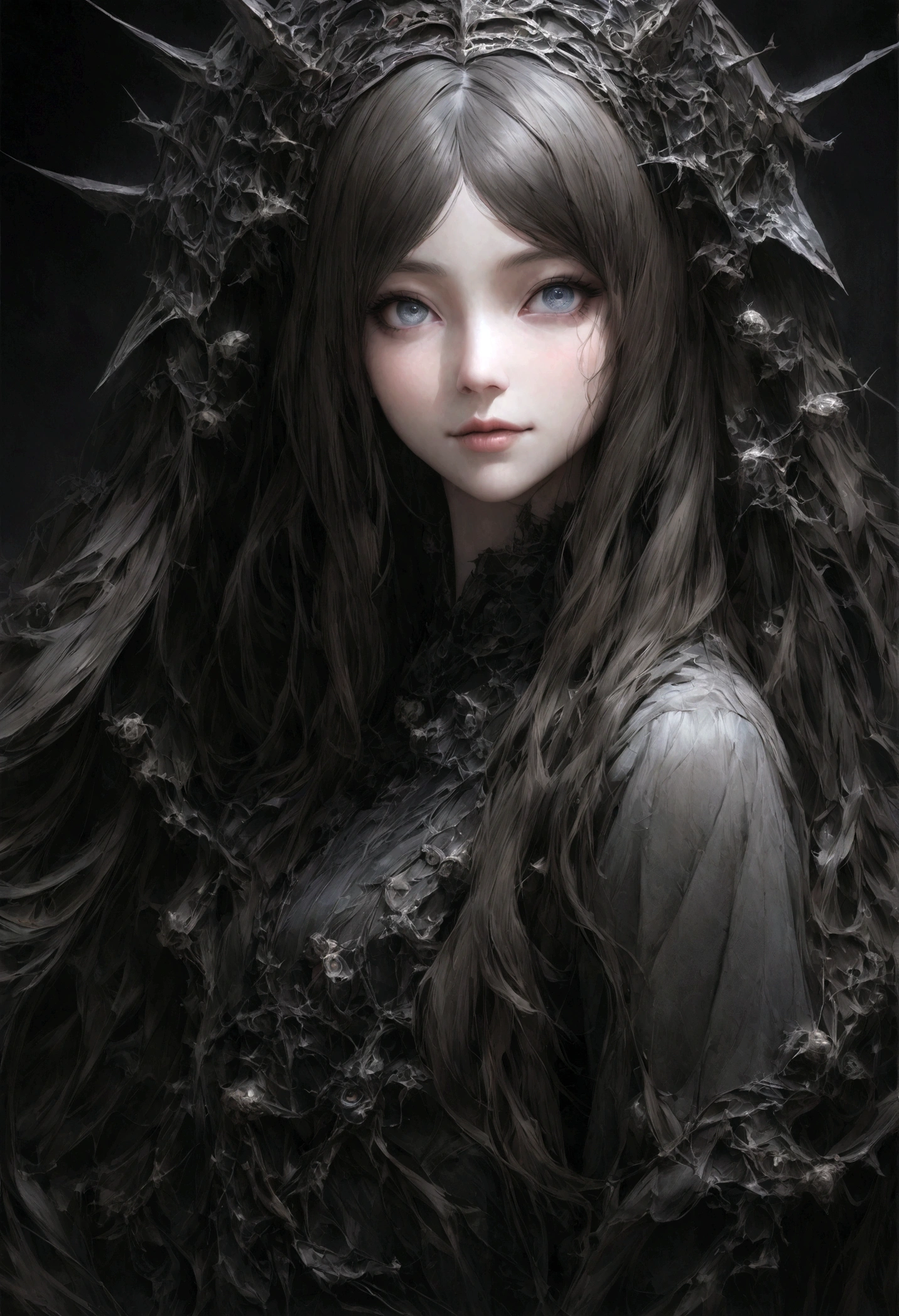 漂亮女孩 Close-up of face 棕色long hair女子的特寫( Perfect anatomical structure ) Close-up of face. Delicate face. Realistic eyes. The face and eyes are very detailed. Delicate skin.、Delicate skin texture smile, long hair, Black vest with straight hair , 46-point slanted bangs, dark shadow background, black soft light, Professional photography master'artwork, texture, complicated, Clear, High-quality masterpiece,Extremely complicated and exquisitely detailed, Extremely detailed, Extremely detailed digital art