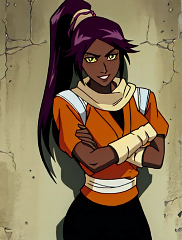 1girl, solo, pov, shihouin yoruichi, dark skinned female, dark skin, ponytail long hair, parted bangs, purple hair, yellow eyes, orange shirt, black leggings, waist accessory, scarf, gloves, ((leg warmers)), white shoulder straps, (masterpiece, best quality:1.4), (modern days), (cowboy shot), tunning girlfriend, (standing:1.1), elegant face, beautiful face, highly detailed face, highly detailed skin, huge breast, smug smile, looking at viewer,16k hdr, curvy, crossed arms, ben10af,wide hips, leaning against wall, 25 year old woman
