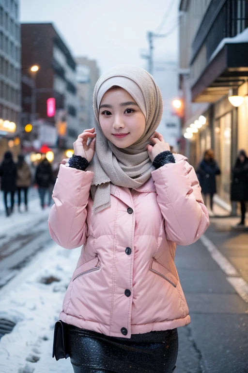 japanese muslim girl, pasmina hijab, perfect body figure, thick winter jacket, pink jacket, snowy city landscape