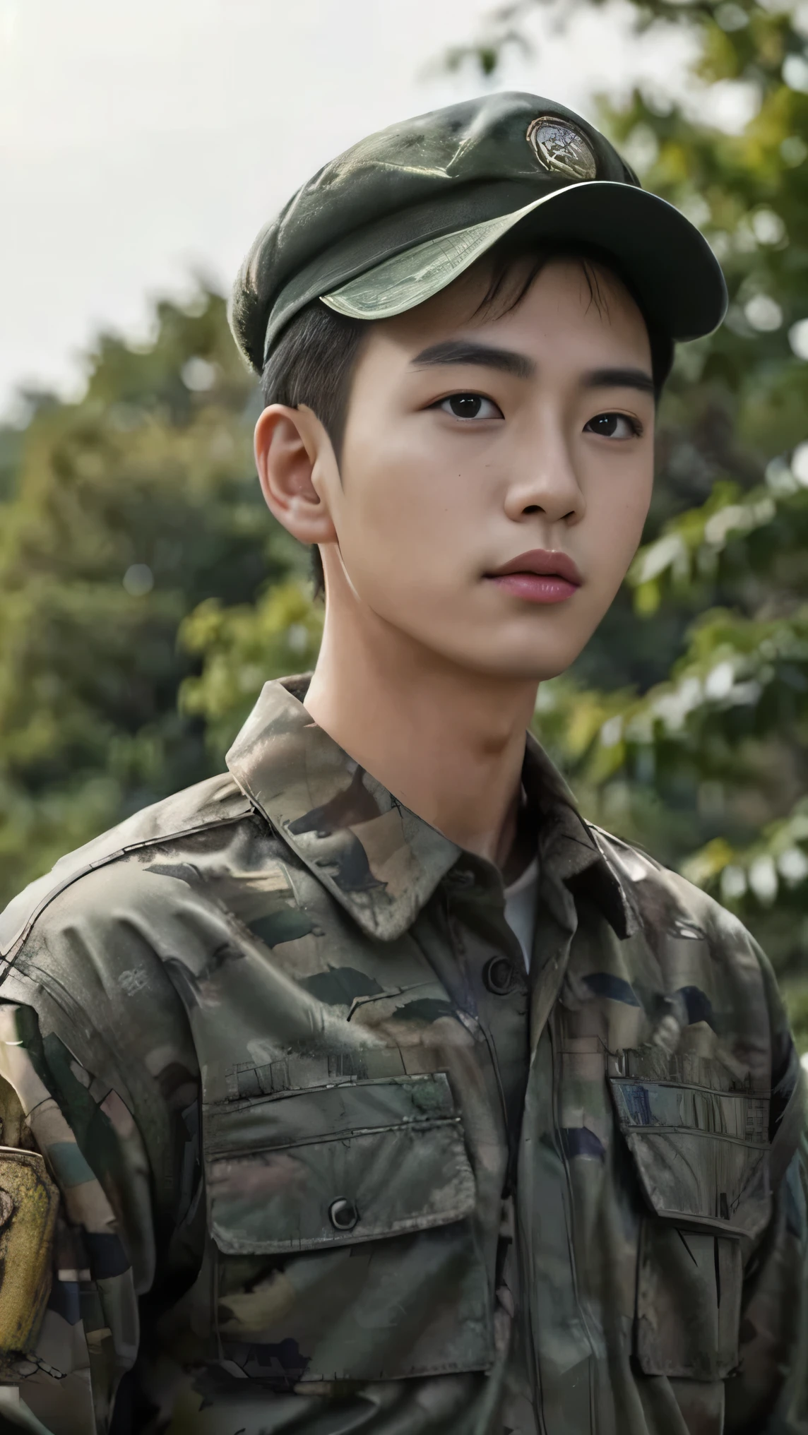 8k, (masterpiece), best quality, 2d, Brother Bing,Wear training uniform，Wearing a hat，Wearing a full set of military green camouflage uniforms, No background, Upper body unobstructed photos，Green Clothing，Southeast Asian Soldiers，Face to the camera，