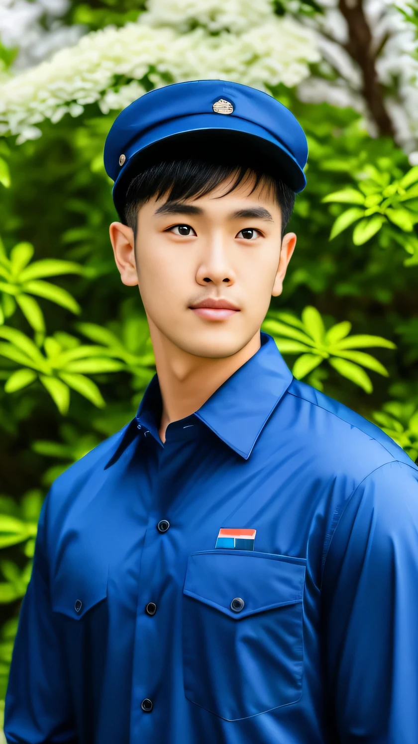 8k, (masterpiece), best quality, 2d, Brother Bing,Wear training uniform,Wearing a hat,Wearing full military sky blue camouflage uniform, No background, Upper body unobstructed photos,Sky blue clothing,Southeast Asian Soldiers,Face to the camera,No background,Holding flowers,Tough Guy,Handsome hairstyle