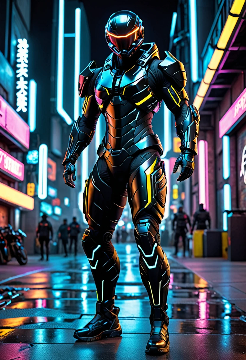 a tight black combat suit, detailed muscle definition, highly reflective, futuristic tactical gear, mechanical limbs, glowing neon accents, dynamic pose, urban cyberpunk setting, dramatic lighting, photorealistic, intricate details, (best quality,4k,8k,highres,masterpiece:1.2),ultra-detailed,(realistic,photorealistic,photo-realistic:1.37)