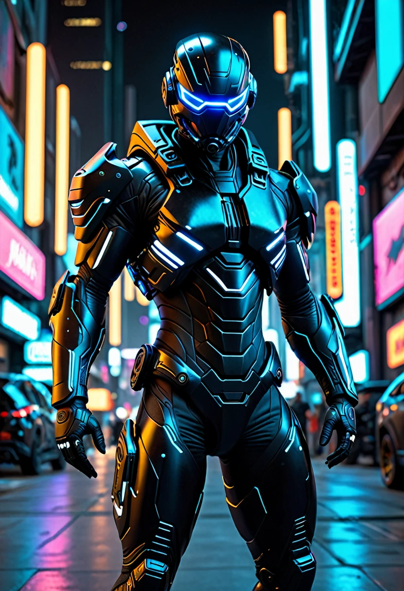 a tight black combat suit, detailed muscle definition, highly reflective, futuristic tactical gear, mechanical limbs, glowing neon accents, dynamic pose, urban cyberpunk setting, dramatic lighting, photorealistic, intricate details, (best quality,4k,8k,highres,masterpiece:1.2),ultra-detailed,(realistic,photorealistic,photo-realistic:1.37)