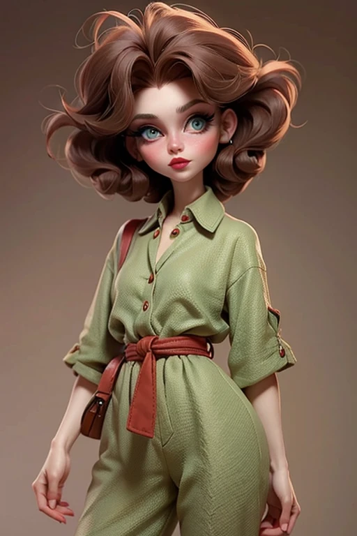 caucasian woman in her 40, short brown and messy hair, nice makeup with red lips, big green eyes, small chin