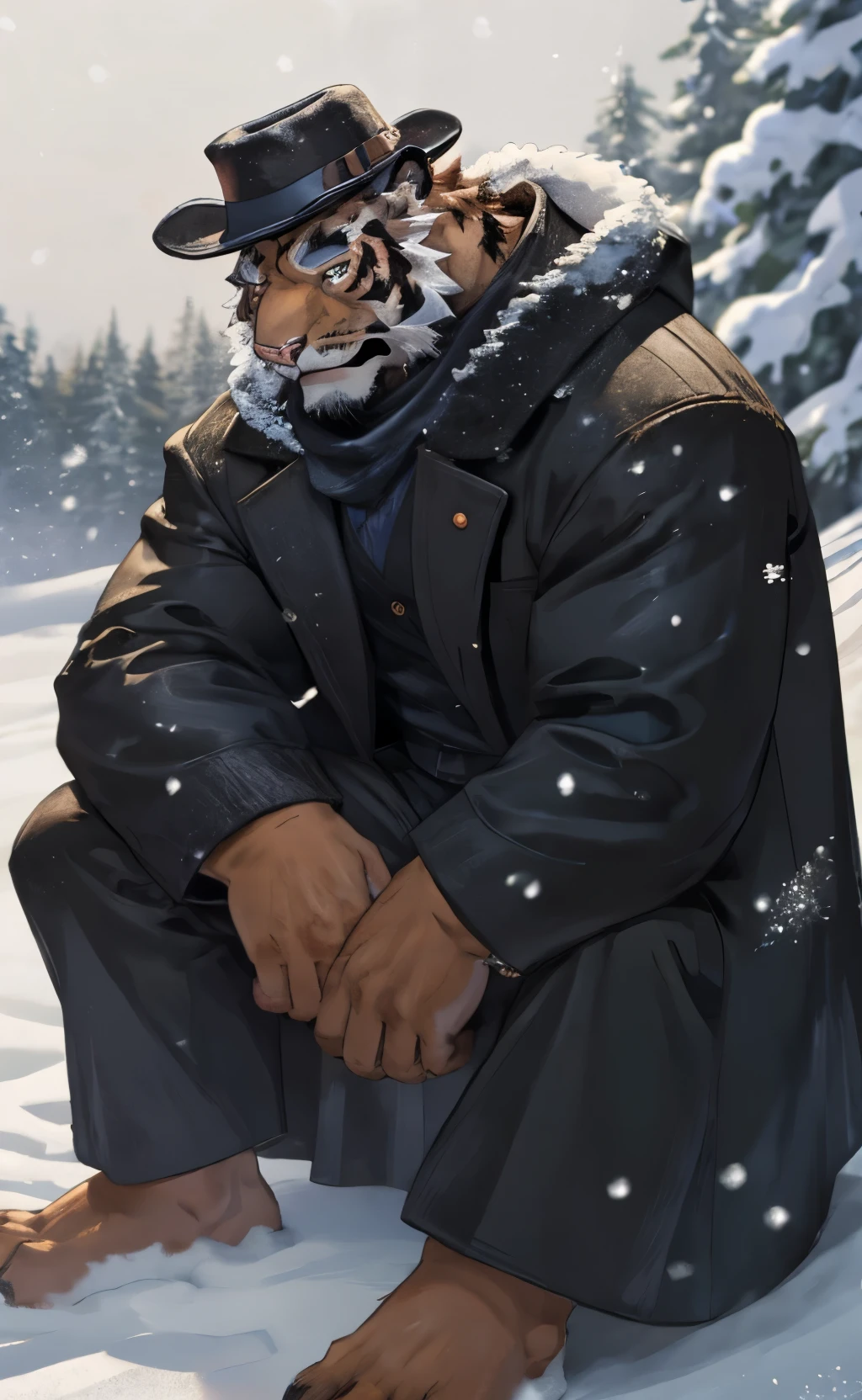 Male tiger orc，Black coat，Black brimmed hat，Sitting on the snow，Snowing day，Look up at the sky，barefoot，high quality