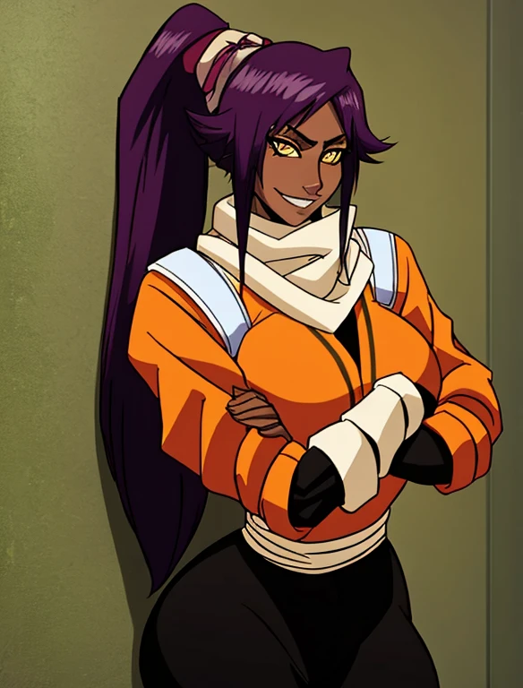 1girl, solo, pov, shihouin yoruichi, dark skinned female, dark skin, ponytail long hair, parted bangs, purple hair, yellow eyes, orange shirt, black leggings, waist accessory, scarf, gloves, ((leg warmers)), white shoulder straps, (masterpiece, best quality:1.4), (modern days), (cowboy shot), tunning girlfriend, (standing:1.1), elegant face, beautiful face, highly detailed face, highly detailed skin, huge breast, smug smile, looking at viewer,16k hdr, curvy, crossed arms, wide hips, leaning against wall, 25 year old woman