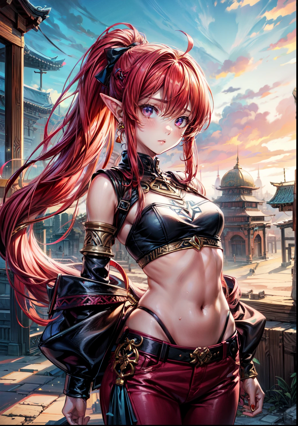 thick outlines, comics, photorealistic, masterpiece:1.2, 1girl, solo, small breasts, Nabooru_Zelda, red hair, long ponytail, pink pants, night, desert town, temple, detailed background, detailed face, detailed eyes,