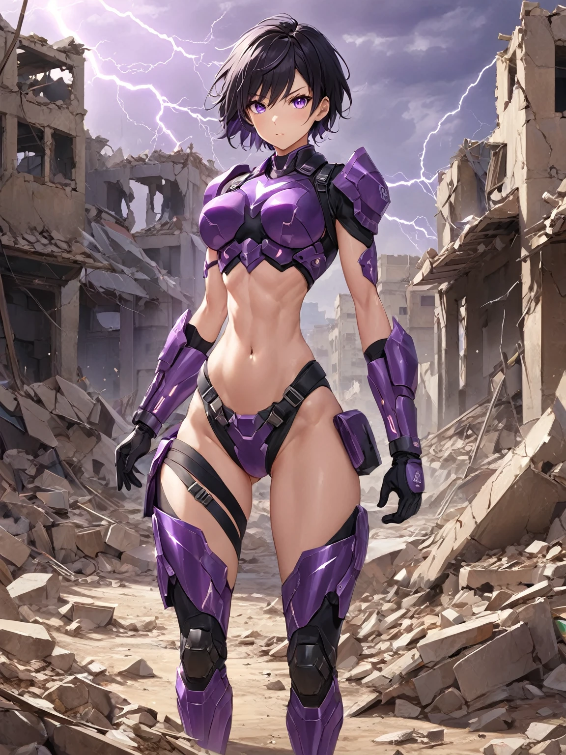 Single tomboy mature smart, strong and sexy, stance ready to fight, short black hair, sharp eyes with beautiful purple pupils, wearing black gloves, wearing strong tactical battle cloth colours black and purple, amidst the rubble of collapsed buildings in the desert, full body, perfect anatomy body, perfect shape body, perfect face, perfect eyes, perfect fingers, perfect shadow, perfect lightning.