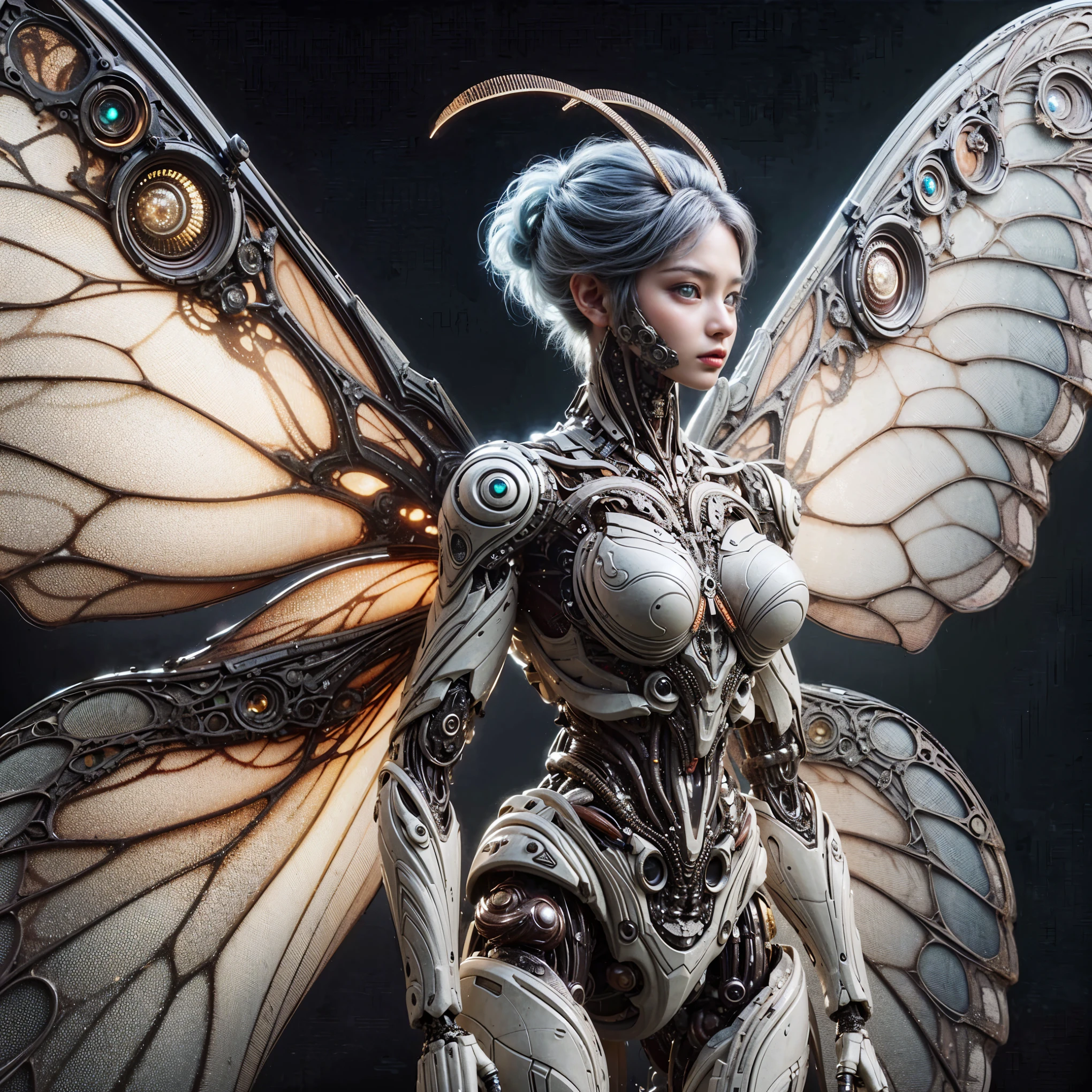 (top-quality:1.2, masterpiece), ultra high res,(Photorealsitic:1.4), (cockroach-like bio insect suit:1.3), heavy weapons,large wings, vivid textures,insect legs, colorful  hair, glowy skin, japanese girl beautiful face,  ((super realistic intricate details)), full body shot, globalillumination, octan render, ultrasharp, character edge light, Details of complex ornaments, Acrylic Clear Cover, Hydraulic cylinder