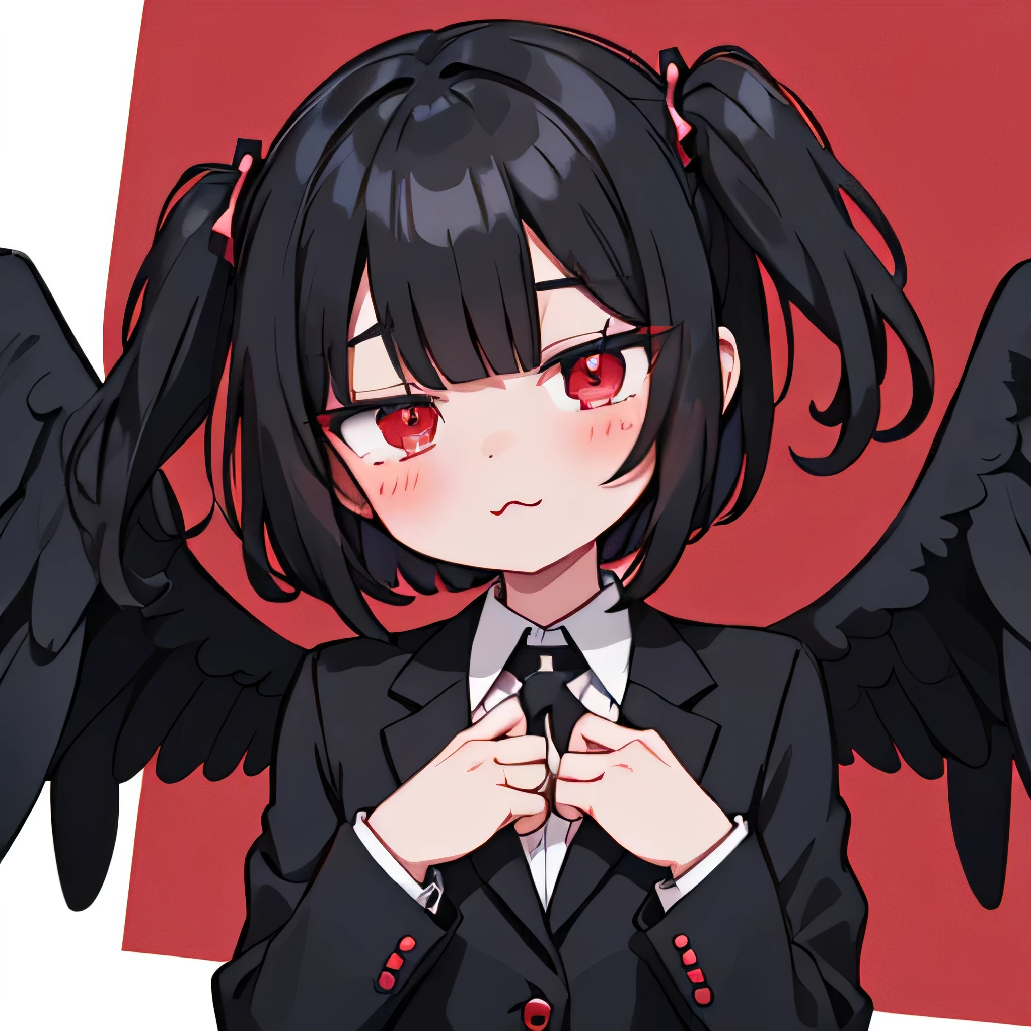 Thinned black hair、Messy hair、Make a peace sign、Black fluttering clothes、cute、Open your mouth and laugh、Has some fangs、Collar-like ornament、