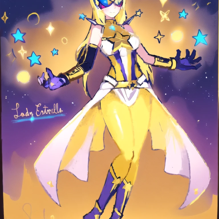 un dibujo de una mujer disfrazada con una capa y una estrella, inspirado en Li Chevalier, Inspired by Star Guardian, celda sombreada!!!, celda sombreada!!!, la galaxia marinera. Hermoso, fanart exquisito muy detallado, Hermoso celestial mage, bruja del cielo, like a retro futuristic heroine, inspirado en marinero luna, portrait of an anime heroine, ethereal astral, 1 girl, Full body, 19 years old, White skin, Smiling face, Blue eyes, Star shaped tiara, Arms outstretched, Arms behind waist, Masked face, Eye mask, Superhero mask, Yellow mask, Blushing, Blonde hair, Straight hair, Long hair, Bangs, 2 star clips on the sides of hair, Full body, Medium breasts, Slim body, Hands with stars on them, Wrist bands, Long yellow gloves, Purple gloves, Superhero costume, Superheroes, Full body entirely yellow suit, With a big yellow star in the center, Star emblem, Somewhat tight, Long yellow cape on waist, Red belt, Thighs with tights purple, flying, city background, anime, note that says LadyEstrella