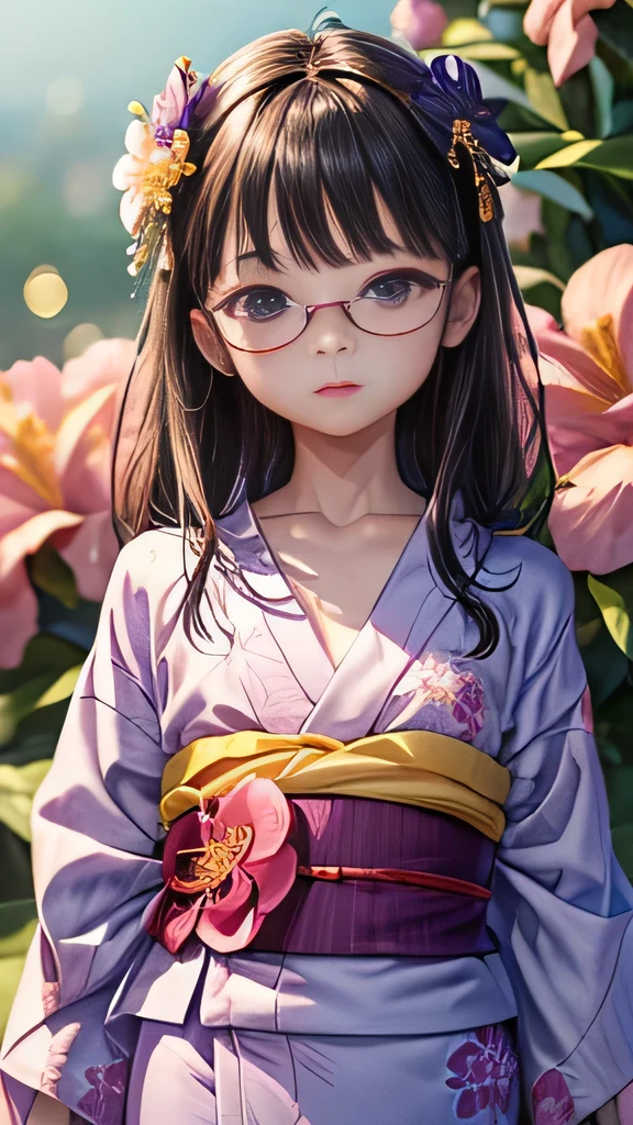 (masterpiece, highest quality:1.4), Beautiful Face, 8k, 85mm, Absurd, (Floral Yukata:1.4), Face close-up, violet, Gardenia, Delicate girl, alone, night, View audience, Upper Body, Film Grain, chromatic aberration, Sharp focus, Face Light, Professional Lighting, Sophisticated, (smile:0.4), (Simple Background, Bokeh Background:1.2), detailed aspects,(((Showing one nipple:0.57))),((Very young and young, very small, very flat chested:1.2),(Pink glasses and a flower in her hair:1),((((Show your vagina:1.4)))),