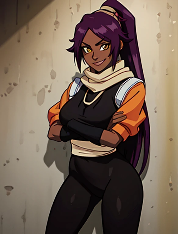 1girl, solo, pov, shihouin yoruichi, dark skinned female, dark skin, ponytail long hair, parted bangs, purple hair, yellow eyes, orange shirt, black leggings, waist accessory, scarf, gloves, ((leg warmers)), white shoulder straps, (masterpiece, best quality:1.4), (modern days), (cowboy shot), tunning girlfriend, (standing:1.1), elegant face, beautiful face, highly detailed face, highly detailed skin, huge breast, smug smile, looking at viewer,16k hdr, curvy, crossed arms, wide hips, leaning against wall, 25 year old woman
