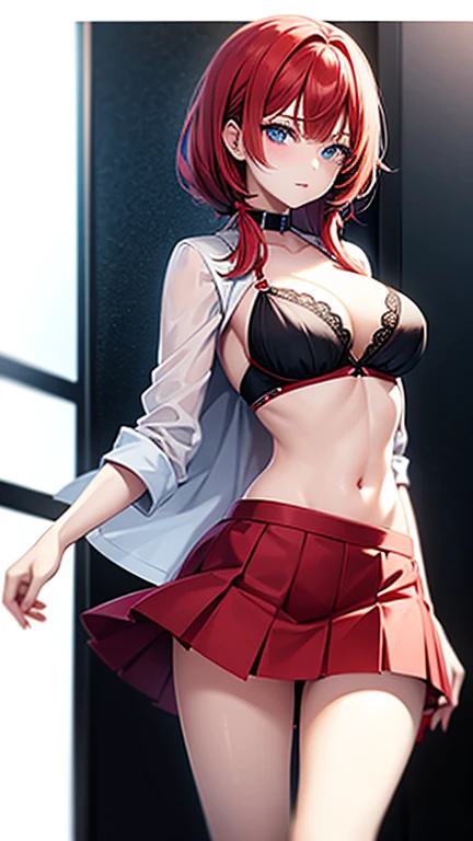 An anime girl with red hair and blue eyes wearing a skirt and an open shirt revealing a black and red bra