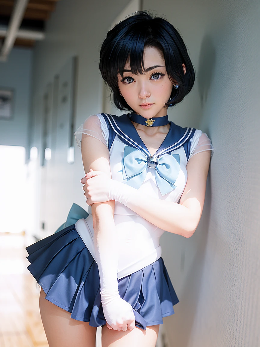 1 girl, mer1, tiara, sailor senshi uniform, blue sailor collar, bow, knee boots, choker, white gloves, blue choker, elbow gloves, jewelry, earrings, blue skirt